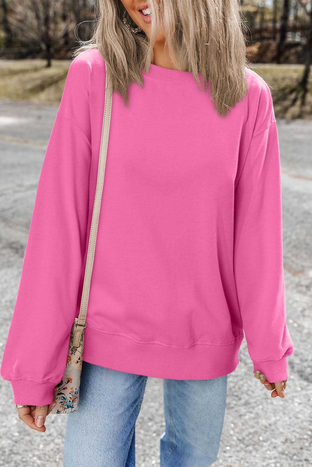 Bonbon Plain Drop Shoulder Crewneck Pullover Sweatshirt - Love Salve